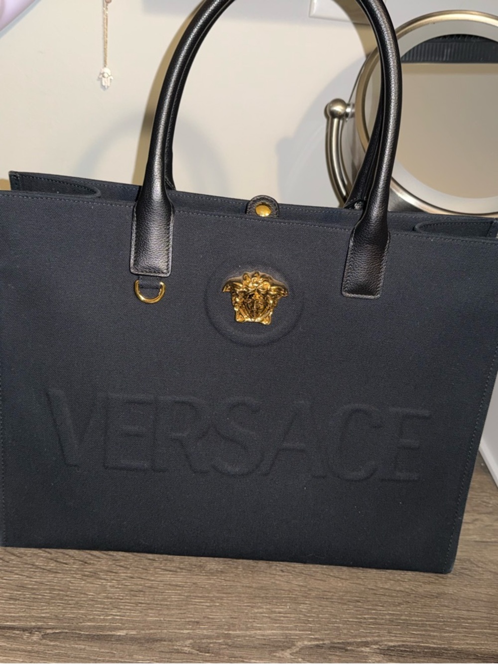 Versace Black Canvas Tote with Gold Medusa Detail